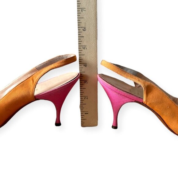Vintage Saks Fifth Avenue Slingback Heels | Orange Pink Satin | Clear Vinyl Inse - Picture 9 of 14